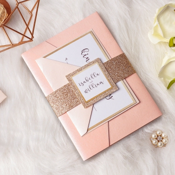 Elegant blush and rose gold pocket wedding invitations, tri-fold wedding invitations, spring and summer weddings WS151