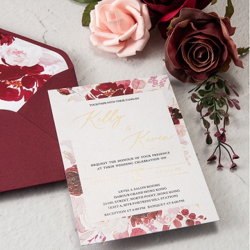 Elegant and rustic burgundy and blush watercolor wedding invite with gold foil calligraphy, spring, fall, summer WS271