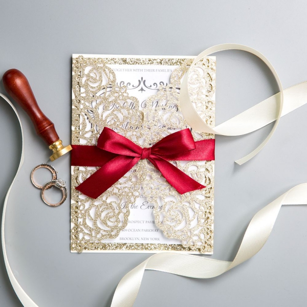  Classic Gold Shimmer Glittery Laser Cut Wedding Invitations with Red Ribbon Bow, Fall Winter Weddings, DIY Wedding Invitations, Free envelopes WS018