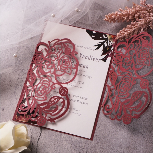 Classic burgundy laser cut wedding invitations, elegant wedding invite, fall, winter WS113