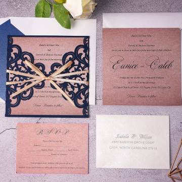 Navy Laser Cut Wedding Invitations With Gold Ribbon WLC006