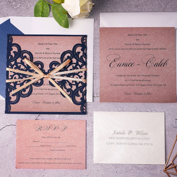 Cheap Navy Laser Cut Wedding Invitations With Gold Ribbon Rustic
