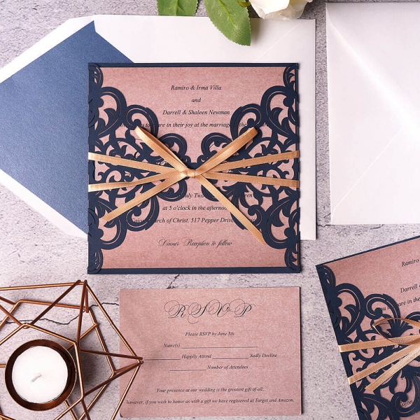 Cheap Navy Laser Cut Wedding Invitations With Gold Ribbon Rustic