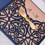 Navy Blue Laser Cut Wedding Invitations with Gold Glitter Ribbon, Fall or Winter Wedding Invitation, Midnight Blue, Rustic Weddings WLC008