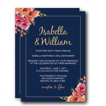 Navy Blue Floral Watercolor Pattern Wedding Invitations WIP006
