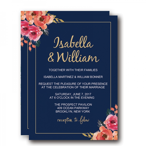 Navy Blue Floral Wedding Invitations, Elegant Wedding