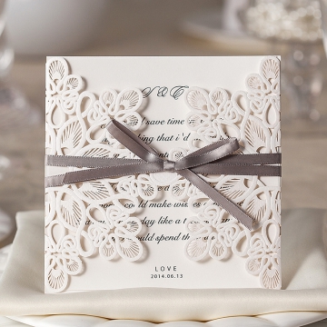 Ivory Laser Cut Wedding Invitations Elegant, Gray Ribbon, Spring Wedding Invitation WLC015