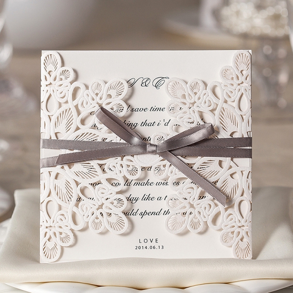 Ivory Laser Cut Cheap Wedding Invitations With Gray Ribbon Spring