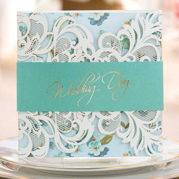 Tiffany Blue Laser Cut Winter Wedding Invitation With Belly Band Wlc019