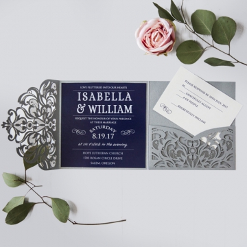 Captivating Navy Blue Silver Pocket Laser Cut Wedding Invitations WLC021