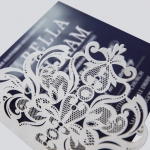 Graceful Navy Blue Floral Silver Pocket Laser Cut Spring Wedding Invitation WIP021