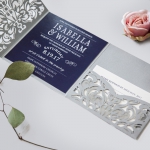 Graceful Navy Blue Floral Silver Pocket Laser Cut Spring Wedding Invitation WIP021