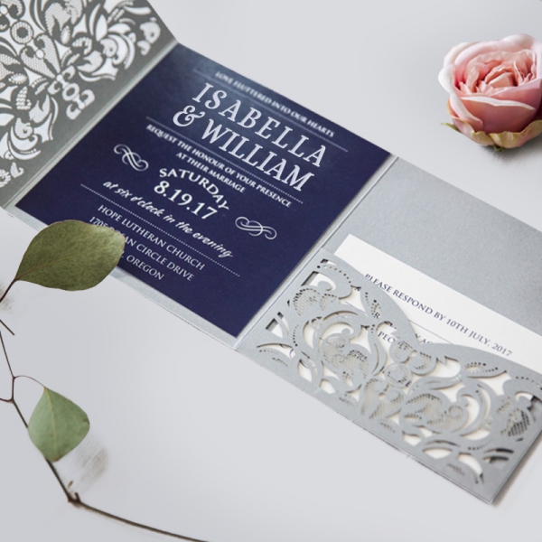 Captivating Navy Blue Silver Pocket Laser Cut Wedding Invitations