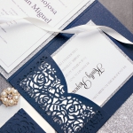 Cheap Navy Blue Pocket Laser Cut Wedding Invitation with Silver Glittery Belly Band WLC022