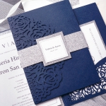 Cheap Navy Blue Pocket Laser Cut Wedding Invitation with Silver Glittery Belly Band WLC022