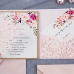  Romantic Blush Pink Floral Laser Cut Wedding Invitations with Gold Glitter Backer, Bridal Shower Invitations , Spring Wedding Invitations WLC025