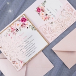  Romantic Blush Pink Floral Laser Cut Wedding Invitations with Gold Glitter Backer, Bridal Shower Invitations , Spring Wedding Invitations WLC025