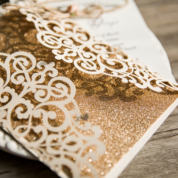 cheap ivory laser cut gold glittery wedding invitation wlc027