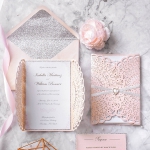 Rose Gold Laser Cut Wedding Invitations Elegant with Belly Band, Spring Blush Pink Wedding Colors, Silver Glitter WLC028