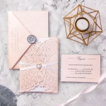 Rose Gold Laser Cut Wedding Invitations Elegant with Belly Band, Spring Blush Pink Wedding Colors, Silver Glitter WLC028