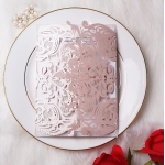 Blush Gatefold Laser Cut Wedding Invitations with White Ribbon and Silver Glitter Backer, Elegant Invitations, Pink Pastel Wedding Colors, Garden Weddings WLC039