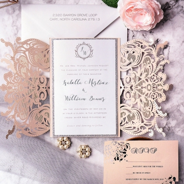 Blush Gatefold Laser Cut Wedding Invitations with White Ribbon and Silver Glitter Backer, Elegant Invitations, Pink Pastel Wedding Colors, Garden Weddings WLC039