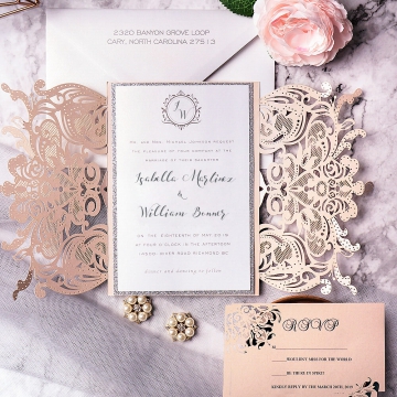 Blush Gatefold Laser Cut Wedding Invitations with White Ribbon WLC039