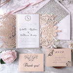 Blush Gatefold Laser Cut Wedding Invitations with White Ribbon and Silver Glitter Backer, Elegant Invitations, Pink Pastel Wedding Colors, Garden Weddings WLC039