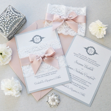 Vintage blush Lace Shade of White Wedding Invitations WLC040