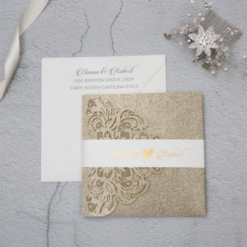 Luxury Champagne Gold Glitter Wedding Invitations, White Belly Band with Foil, Tri-Fold Laser Cut Pocket, Elegant Wedding Invitations WLC041