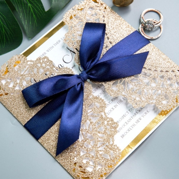 Luxury Rose Gold Laser Cut Wedding Invitations with Navy Blue Glitter Ribbon Bow and Gold Mirror Paper Backer, Fall Weddings, Vintage Wedding Invitations WS003