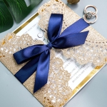 Fabulous Rose Gold  Laser Cut Wedding Invitation with Glittery Navy Ribbon Bow and Gold Mirror Paper Backer WS003