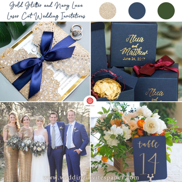classic navy blue and rose laser cut wedding invitation cards SWWS073