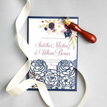 Navy Blue Floral Laser Cut Pocket Wedding Invitations WS004