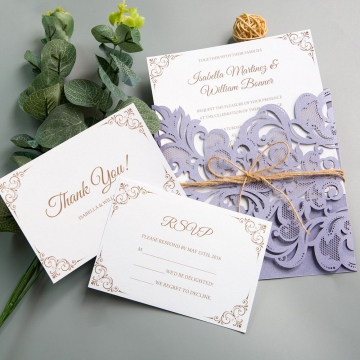 Rustic Lilac/Lavender Laser Cut Wedding Invitations with Twine, Purple Spring Wedding Colors, Cheap Wedding Invitations WS005