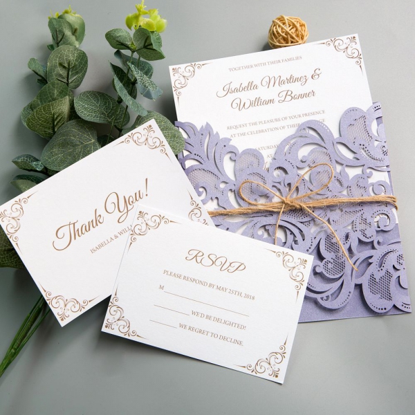 Graceful Lilac Floral Laser Cut Wedding Invitations With Twine