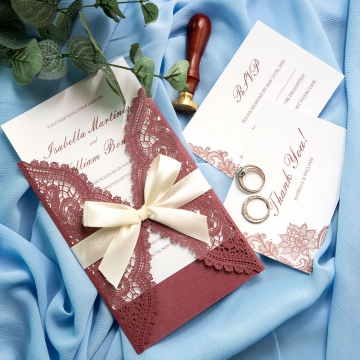 Burgundy Floral Laser Cut Wedding Invitations with Gold Ribbon, Vintage Fall Wedding Invitations, Elegant Wedding Invitations WS006