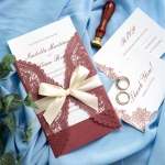 Burgundy Floral Laser Cut Wedding Invitation with Gold Ribbon WS006