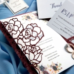 Gorgeous Burgundy Blooms Laser Cut Wedding Invitations with Glitter Belly Band and Tag WS009