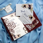 Gorgeous Burgundy Blooms Laser Cut Wedding Invitations with Glitter Belly Band and Tag WS009