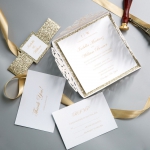 Ivory Geometric Floral Laser Cut Wedding Invitations  with Gold Glitter Belly Band and Personalised Tag WS010