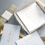 Ivory Geometric Floral Laser Cut Wedding Invitations  with Gold Glitter Belly Band and Personalised Tag WS010