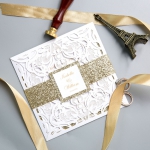 Ivory Geometric Floral Laser Cut Wedding Invitations  with Gold Glitter Belly Band and Personalised Tag WS010