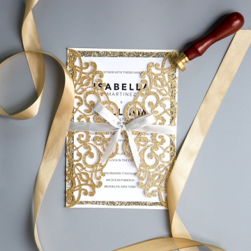 Gold Glitter Laser Cut Wedding Invitations with White Ribbon WS011