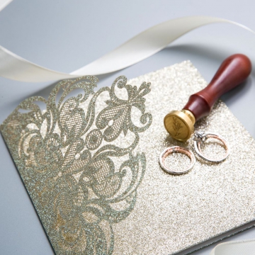  Vintage Champagne Gold Glitter Laser Cut Wedding Invitations, Fall Wedding Invitations, Pocket Invitations, Elegant Wedding Invitations WS013