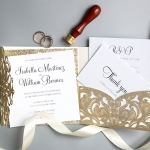 Elegant Gold Shimmer Glittery Pocket Laser Cut Wedding Invitations WS013