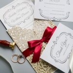 Classic Gold Shimmer Glittery Laser Cut Wedding Invitations with Red Ribbon Bow WS018