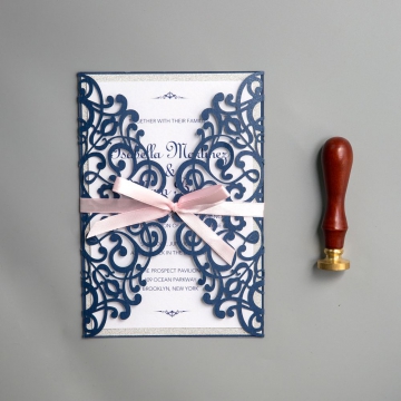 Spring Laser Cut Wedding Invitations with Ribbon, Navy blue and pink wedding colors, diy wedding invitations, Free envelopes WS022