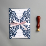 Modern Navy Blue Laser Cut Wedding Invitations  with Pink Bow and Silver Backer WS022