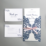 Modern Navy Blue Laser Cut Wedding Invitations  with Pink Bow and Silver Backer WS022